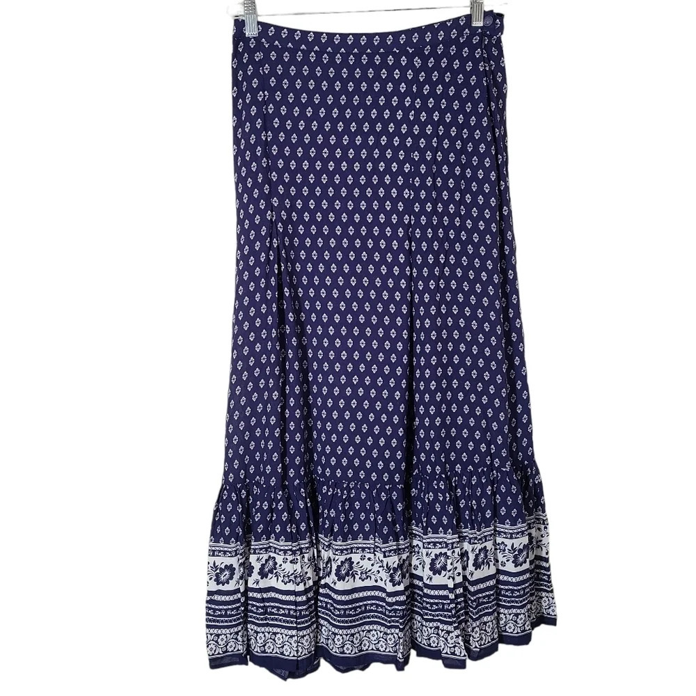 Aratta Silent Journey Size Medium boho floral maxi skirt Navy Rayon NWOT